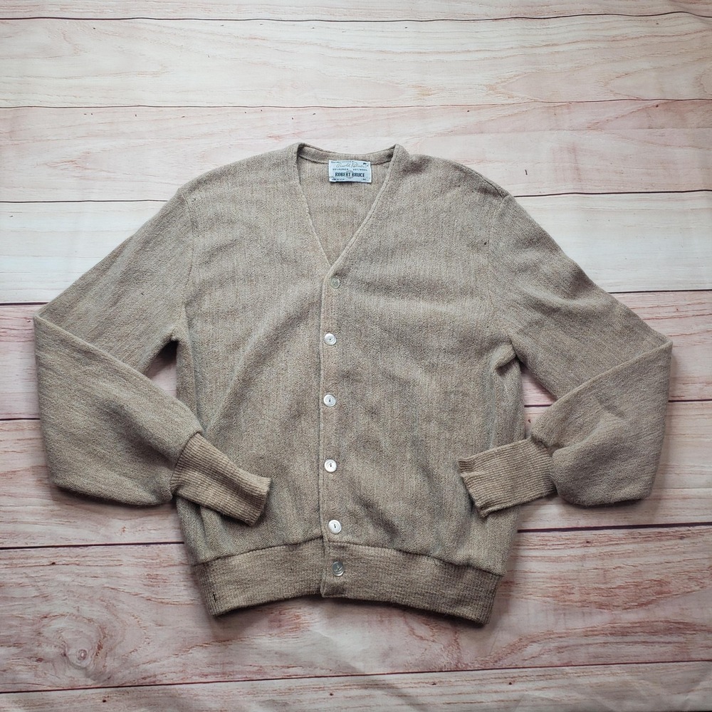 VINTAGE Robert Bruce Sweater Men M Beige Alpaca Wool V-Neck Cardigan Lightweight